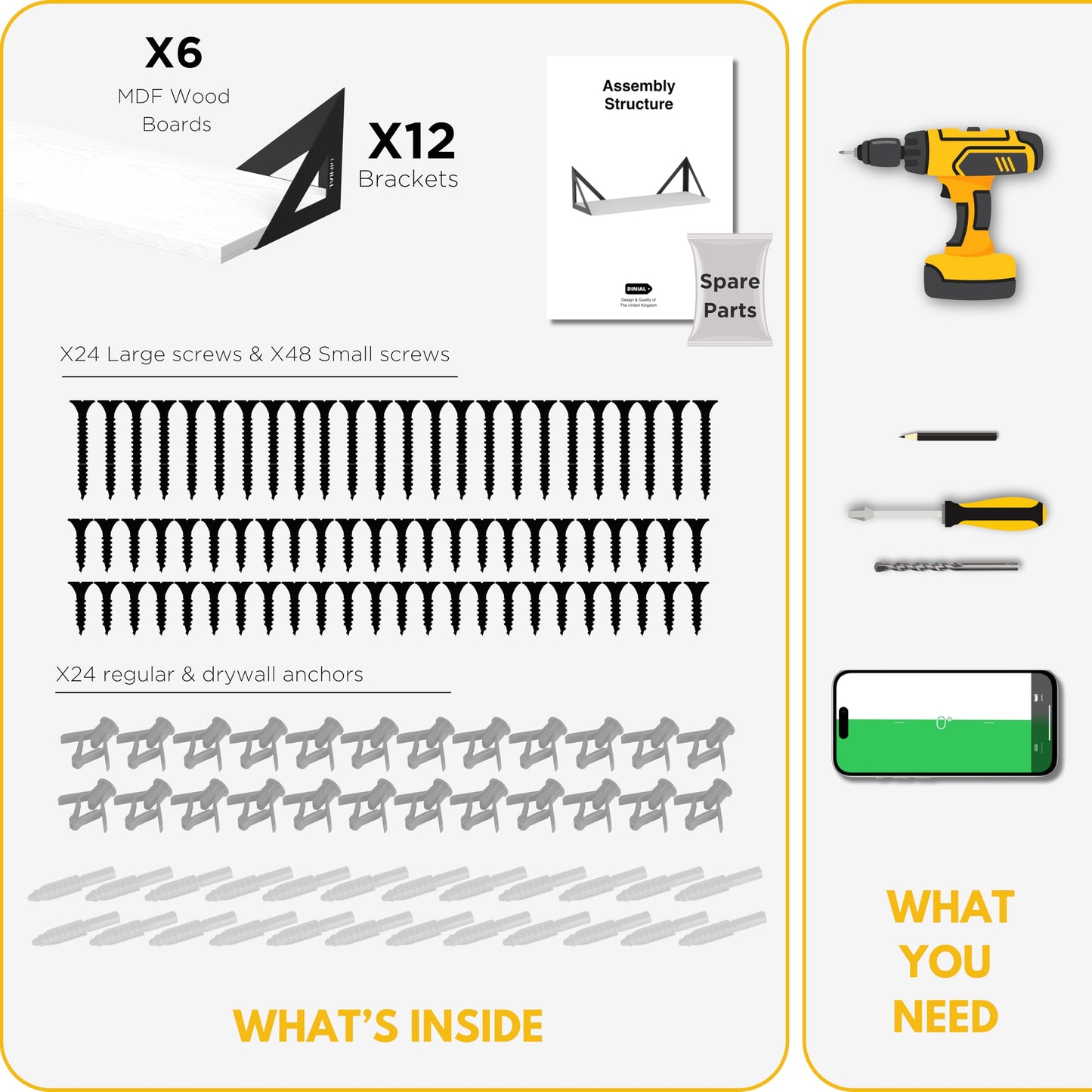 DINIAL Wall Mounted Floating Shelves for Wall Set of 6, Shelf Bookshelf for Bedroom Living Room Office Bathroom Kitchen Rustic Wood with Metal Bracket 02SH-06