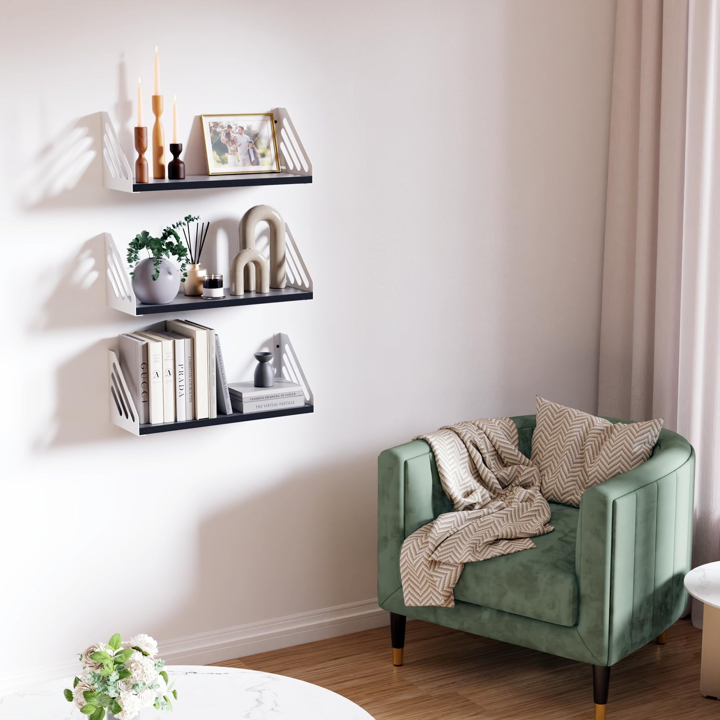 DINIAL Wall Mounted Floating Shelves for Wall Set of 3, Shelf Bookshelf for Bedroom Living Room Office Bathroom Kitchen Rustic Wood with Metal Bracket 03SH-03