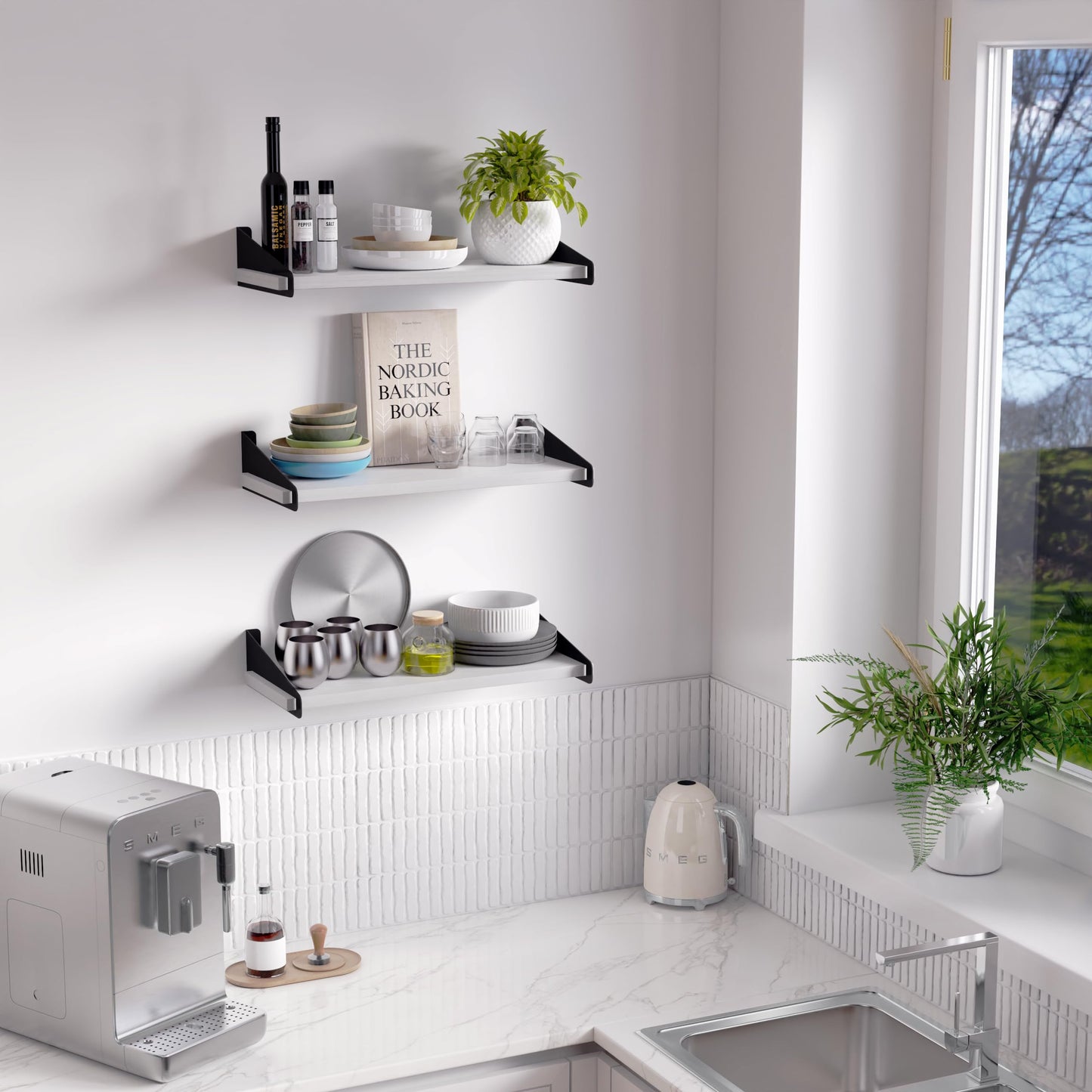 DINIAL Wall Mounted Floating Shelves for Wall Set of 3, Shelf Bookshelf for Bedroom Living Room Office Bathroom Kitchen Rustic Wood with Metal Bracket 01SH-03