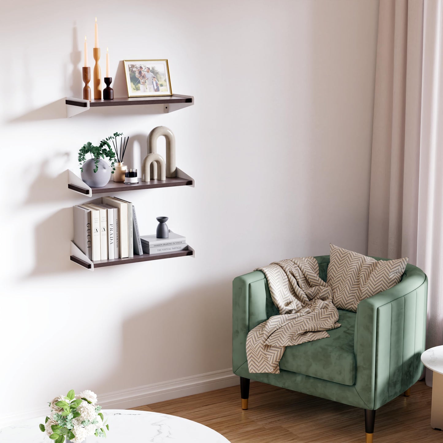 DINIAL Wall Mounted Floating Shelves for Wall Set of 3, Shelf Bookshelf for Bedroom Living Room Office Bathroom Kitchen Rustic Wood with Metal Bracket 01SH-03