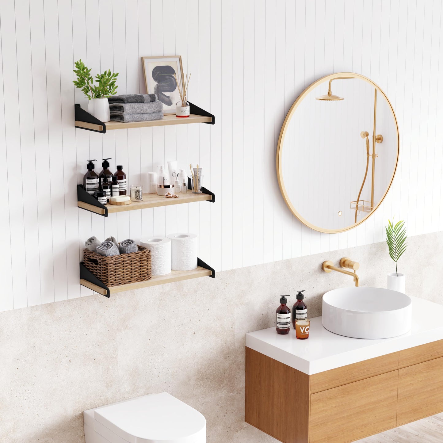 DINIAL Wall Mounted Floating Shelves for Wall Set of 3, Shelf Bookshelf for Bedroom Living Room Office Bathroom Kitchen Rustic Wood with Metal Bracket 01SH-03