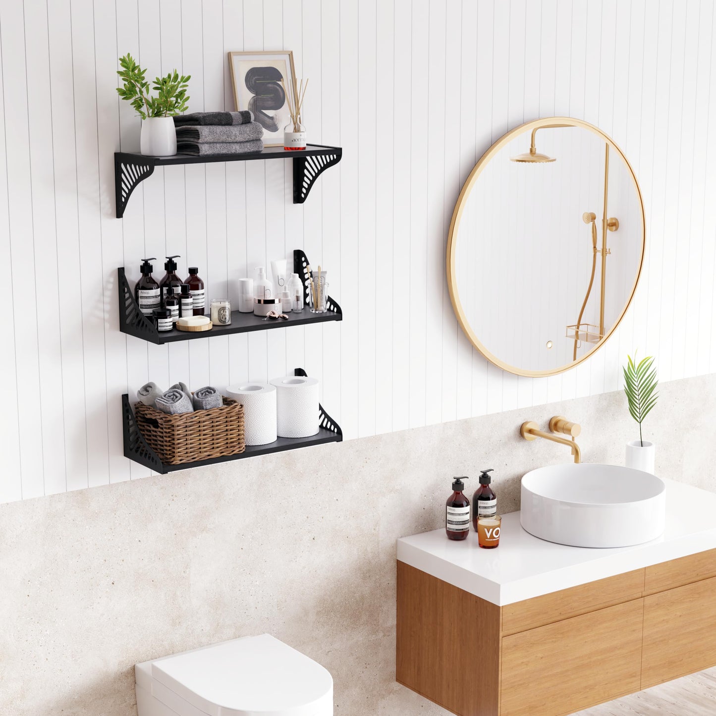 DINIAL Wall Mounted Floating Shelves for Wall Set of 3, Shelf Bookshelf for Bedroom Living Room Office Bathroom Kitchen Rustic Wood with Metal Bracket 04