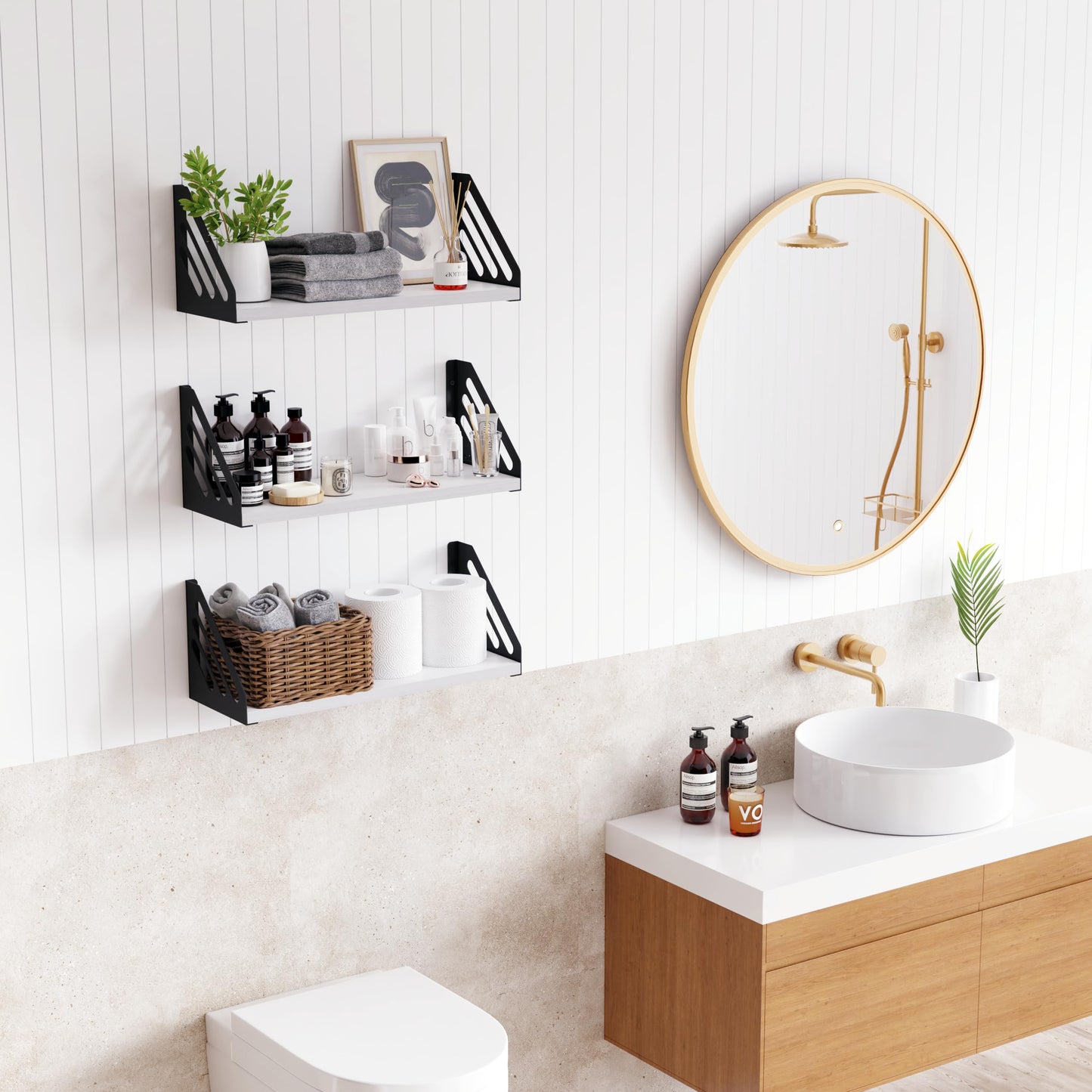 DINIAL Wall Mounted Floating Shelves for Wall Set of 3, Shelf Bookshelf for Bedroom Living Room Office Bathroom Kitchen Rustic Wood with Metal Bracket 03SH-03