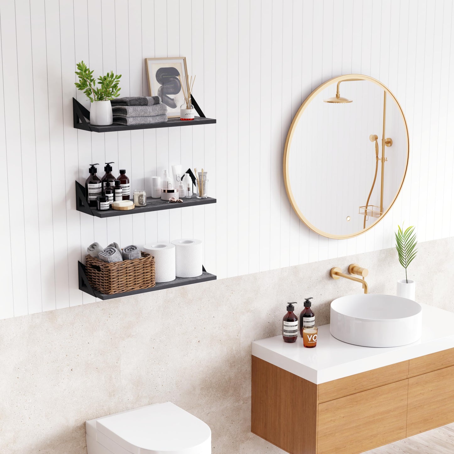 DINIAL Wall Mounted Floating Shelves for Wall Set of 3, Shelf Bookshelf for Bedroom Living Room Office Bathroom Kitchen Rustic Wood with Metal Bracket 02H-03