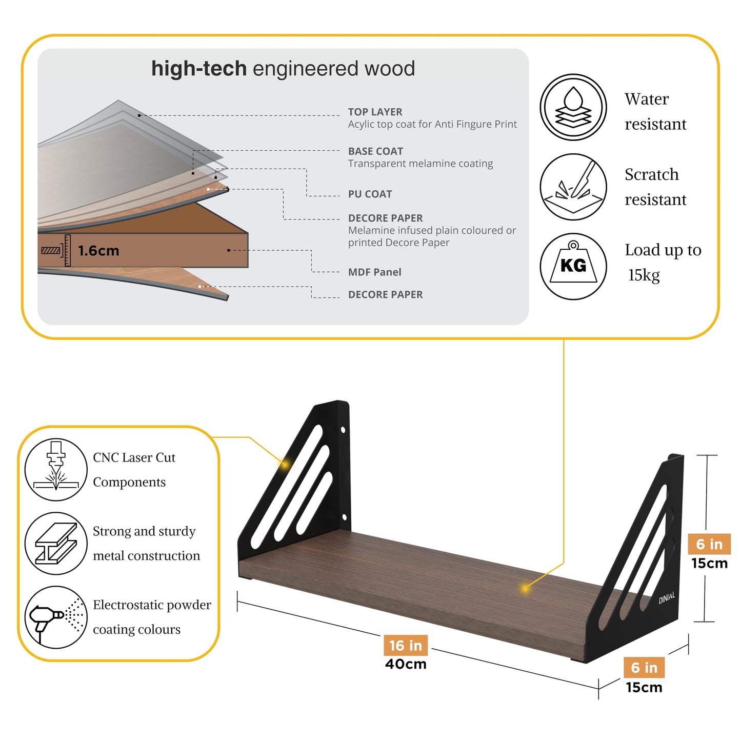 DINIAL Wall Mounted Floating Shelves for Wall Set of 3, Shelf Bookshelf for Bedroom Living Room Office Bathroom Kitchen Rustic Wood with Metal Bracket 03SH-03