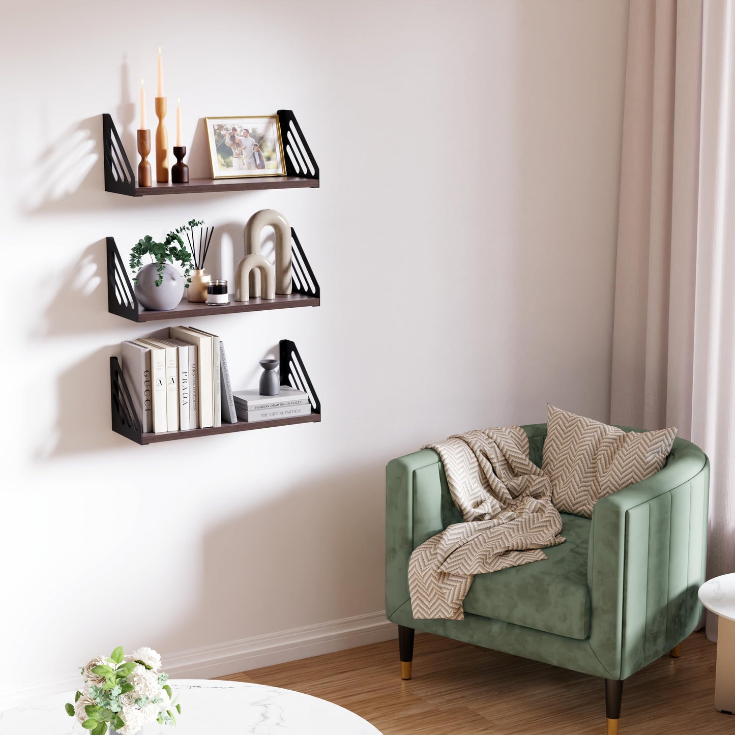 DINIAL Wall Mounted Floating Shelves for Wall Set of 3, Shelf Bookshelf for Bedroom Living Room Office Bathroom Kitchen Rustic Wood with Metal Bracket 03SH-03