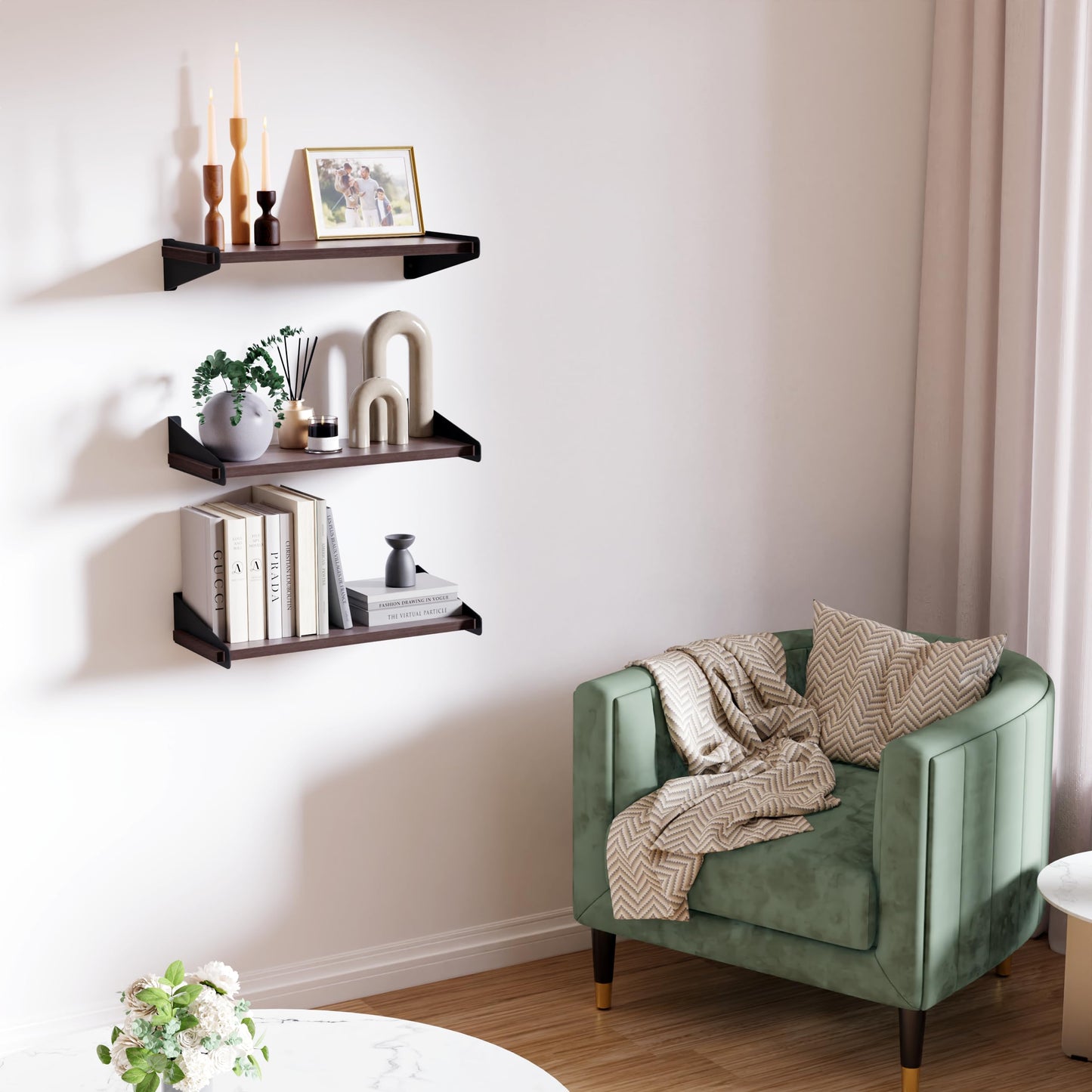 DINIAL Wall Mounted Floating Shelves for Wall Set of 3, Shelf Bookshelf for Bedroom Living Room Office Bathroom Kitchen Rustic Wood with Metal Bracket 01SH-03