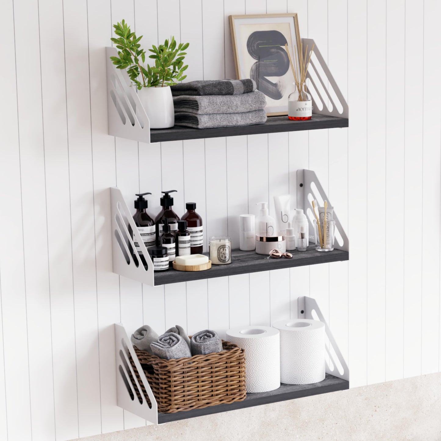 DINIAL Wall Mounted Floating Shelves for Wall Set of 3, Shelf Bookshelf for Bedroom Living Room Office Bathroom Kitchen Rustic Wood with Metal Bracket 03SH-03