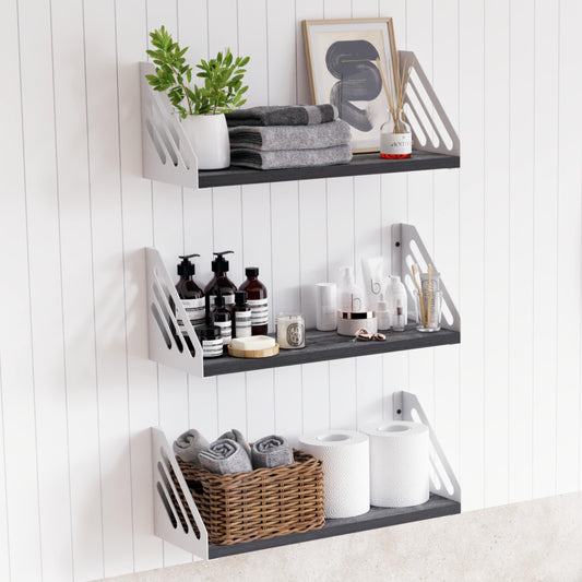 DINIAL Wall Mounted Floating Shelves for Wall Set of 3, Shelf Bookshelf for Bedroom Living Room Office Bathroom Kitchen Rustic Wood with Metal Bracket 03SH-03