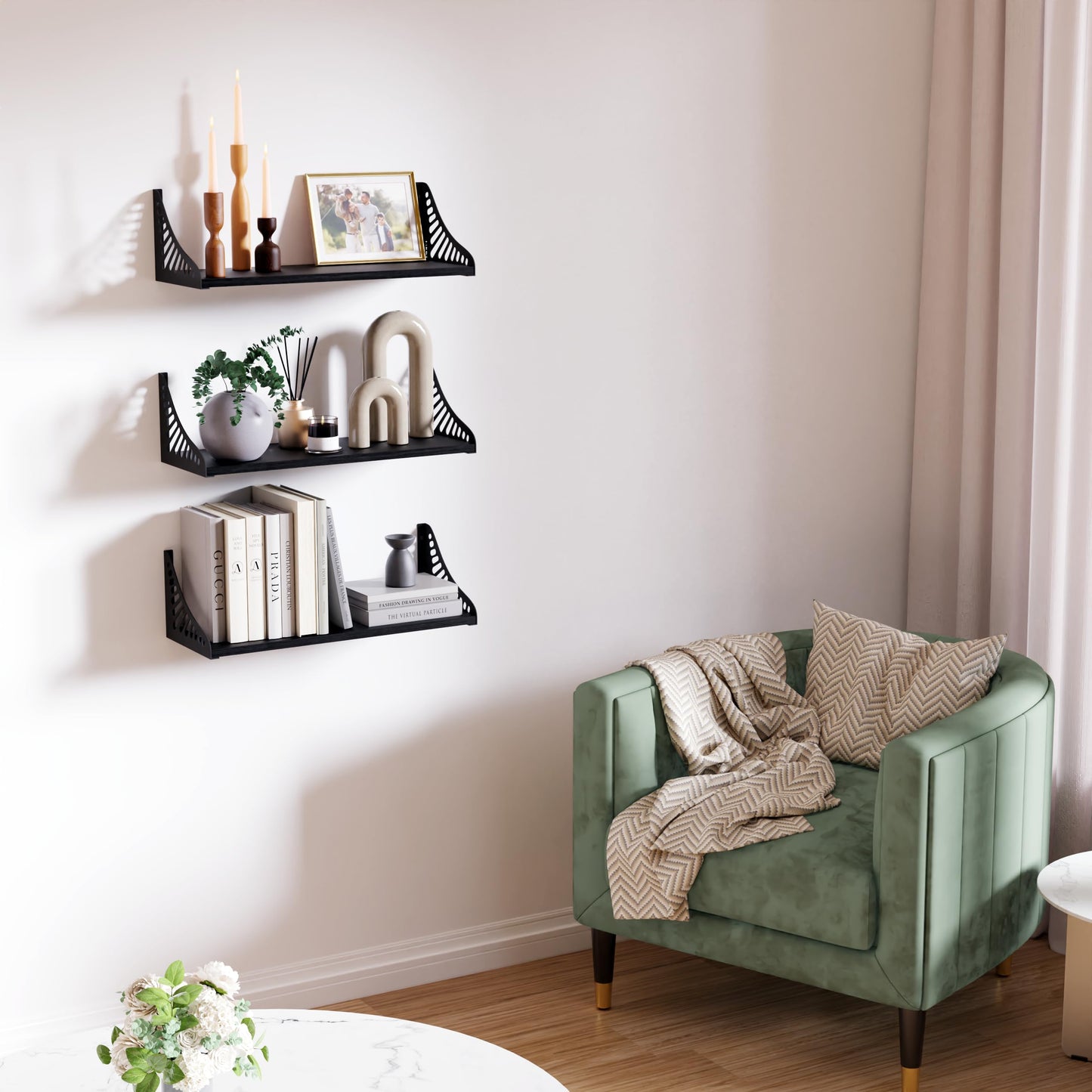 DINIAL Wall Mounted Floating Shelves for Wall Set of 3, Shelf Bookshelf for Bedroom Living Room Office Bathroom Kitchen Rustic Wood with Metal Bracket 04