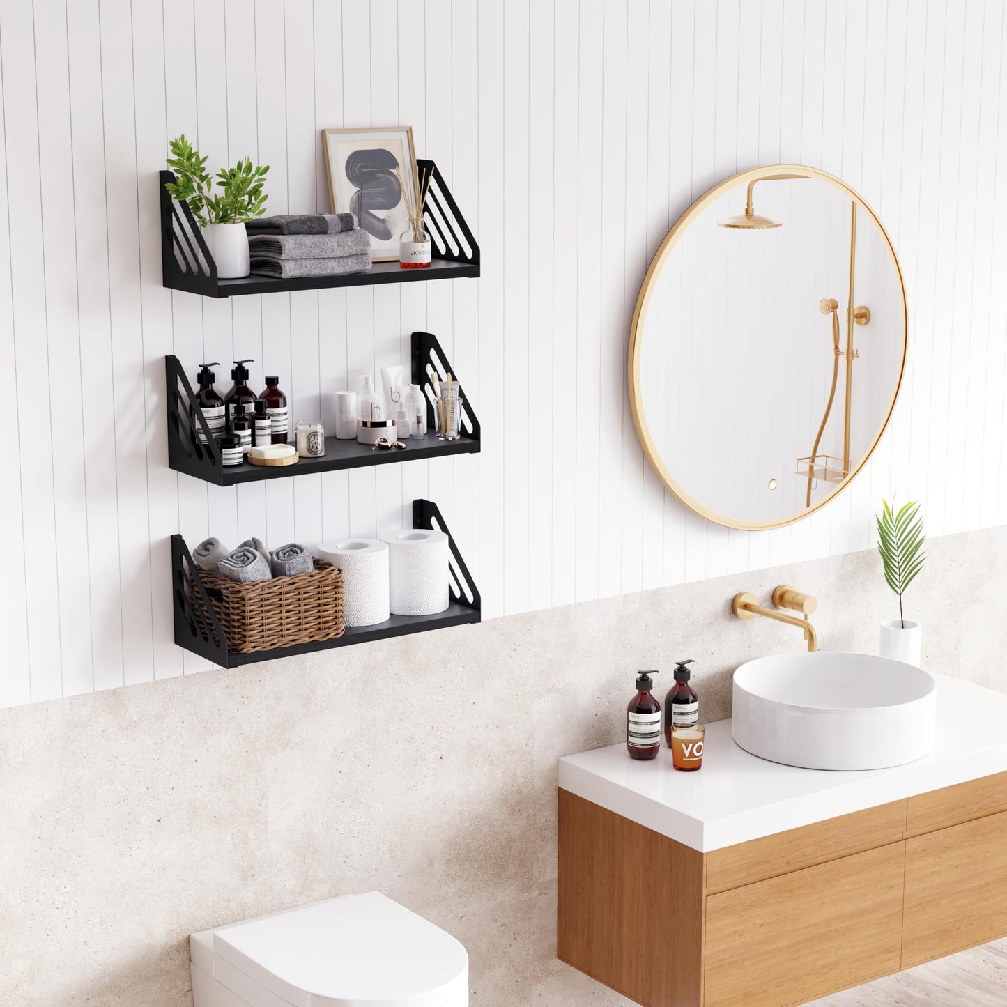 DINIAL Wall Mounted Floating Shelves for Wall Set of 3, Shelf Bookshelf for Bedroom Living Room Office Bathroom Kitchen Rustic Wood with Metal Bracket 03SH-03