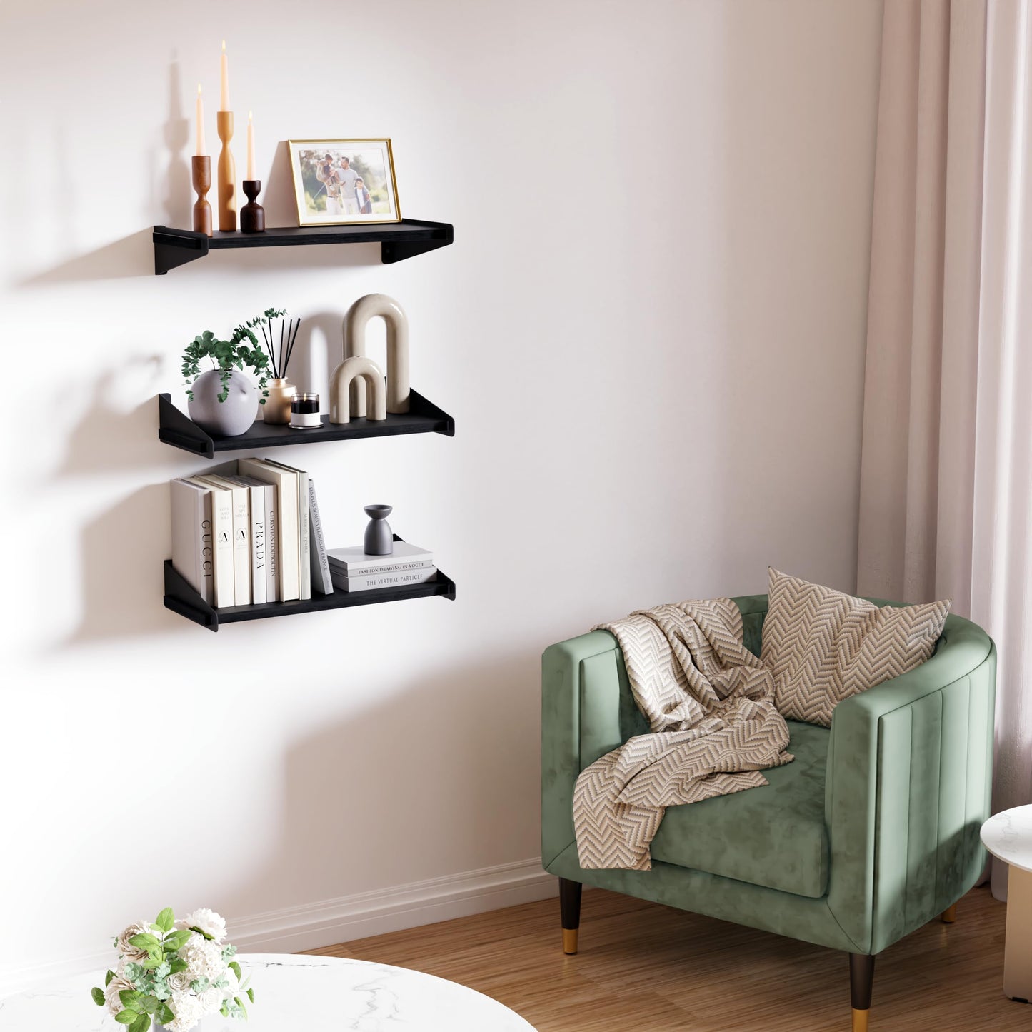 DINIAL Wall Mounted Floating Shelves for Wall Set of 3, Shelf Bookshelf for Bedroom Living Room Office Bathroom Kitchen Rustic Wood with Metal Bracket 01SH-03