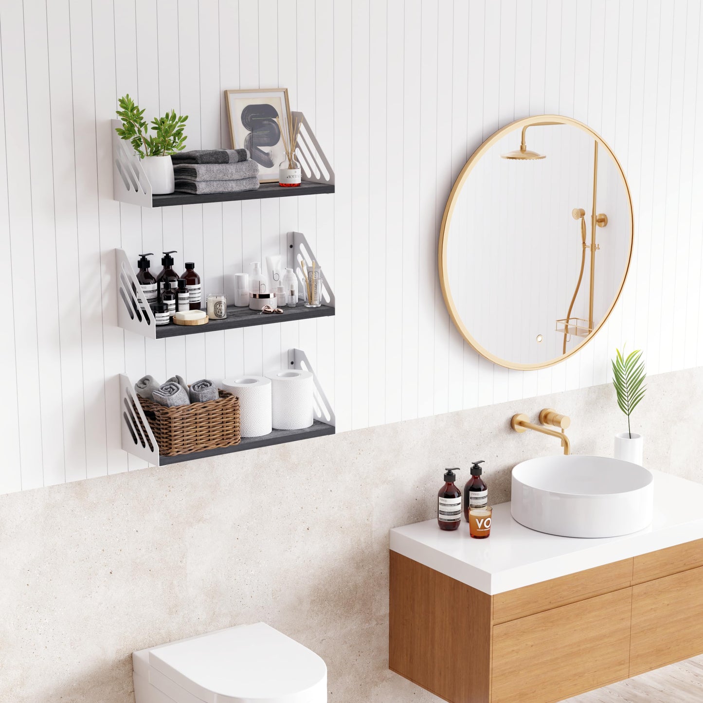 DINIAL Wall Mounted Floating Shelves for Wall Set of 3, Shelf Bookshelf for Bedroom Living Room Office Bathroom Kitchen Rustic Wood with Metal Bracket 03SH-03