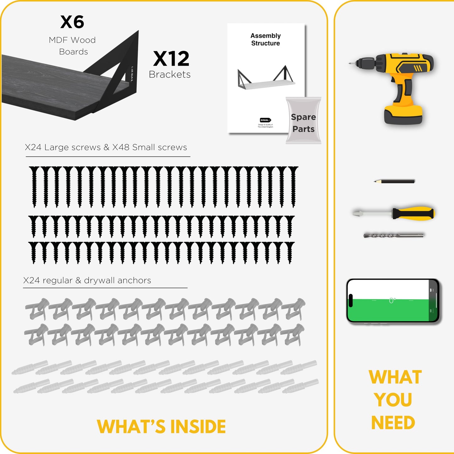 DINIAL Wall Mounted Floating Shelves for Wall Set of 6, Shelf Bookshelf for Bedroom Living Room Office Bathroom Kitchen Rustic Wood with Metal Bracket 02SH-06