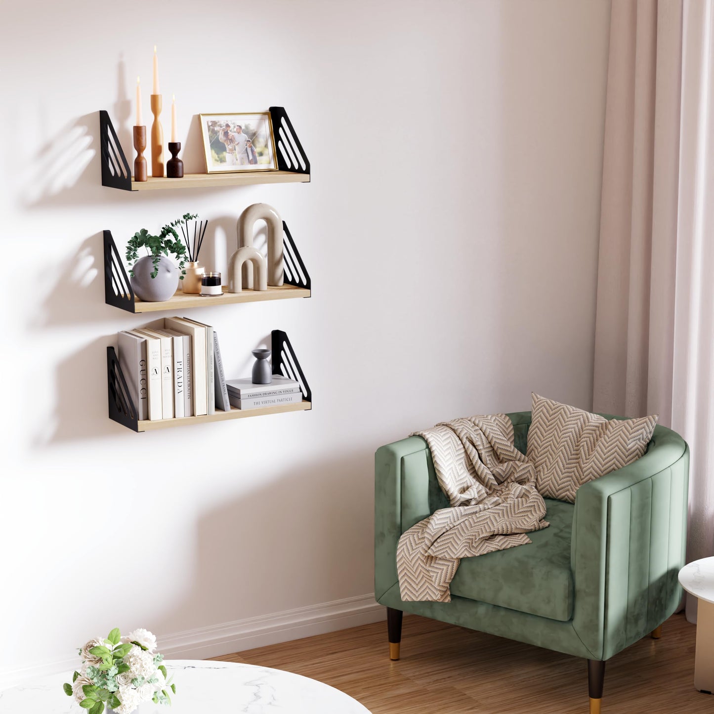 DINIAL Wall Mounted Floating Shelves for Wall Set of 3, Shelf Bookshelf for Bedroom Living Room Office Bathroom Kitchen Rustic Wood with Metal Bracket 03SH-03