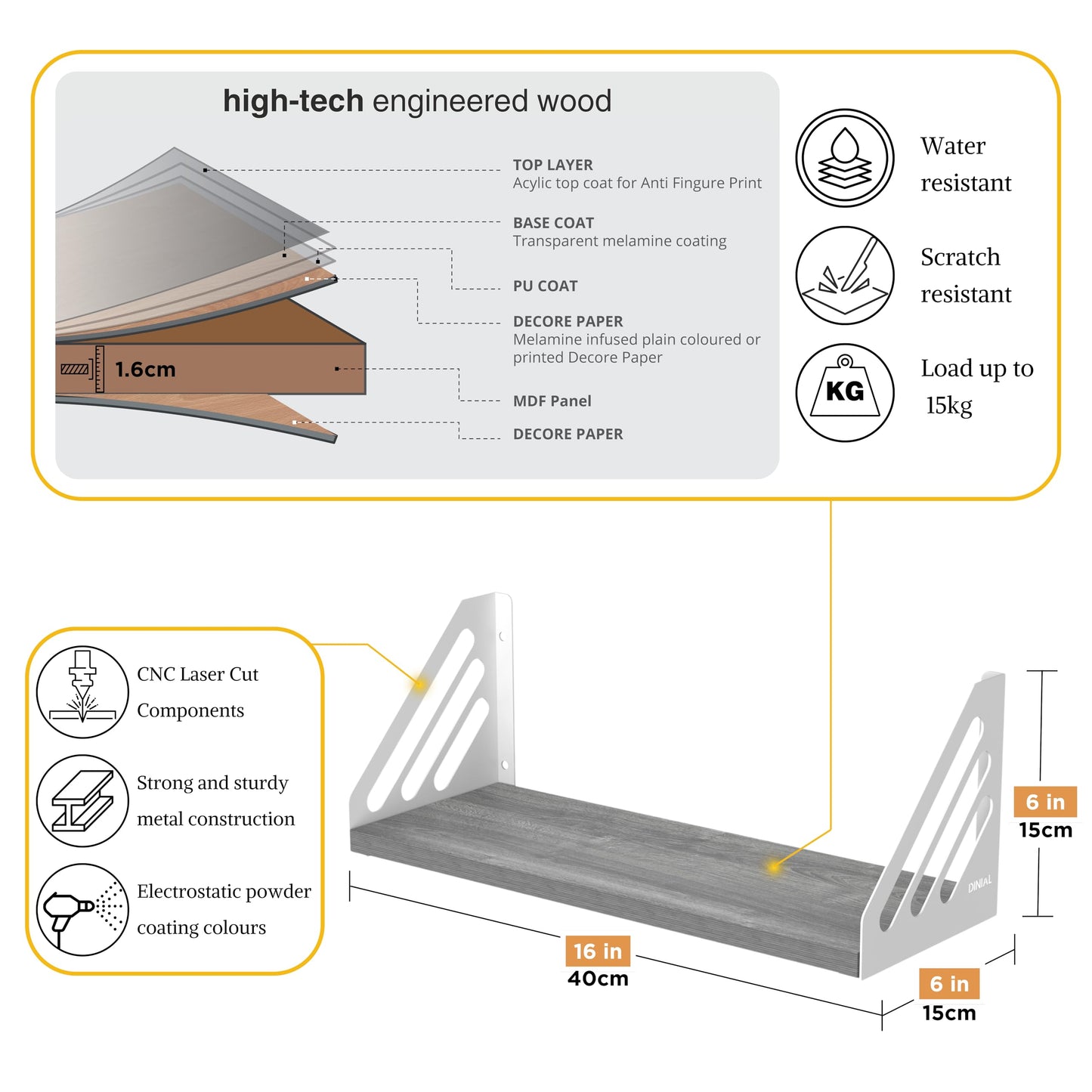 DINIAL Wall Mounted Floating Shelves for Wall Set of 3, Shelf Bookshelf for Bedroom Living Room Office Bathroom Kitchen Rustic Wood with Metal Bracket 03SH-03