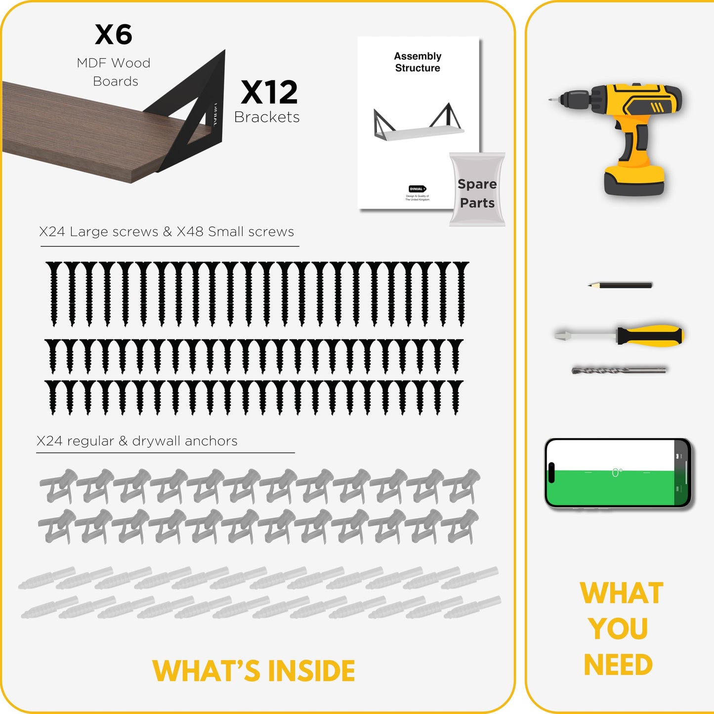 DINIAL Wall Mounted Floating Shelves for Wall Set of 6, Shelf Bookshelf for Bedroom Living Room Office Bathroom Kitchen Rustic Wood with Metal Bracket 02SH-06