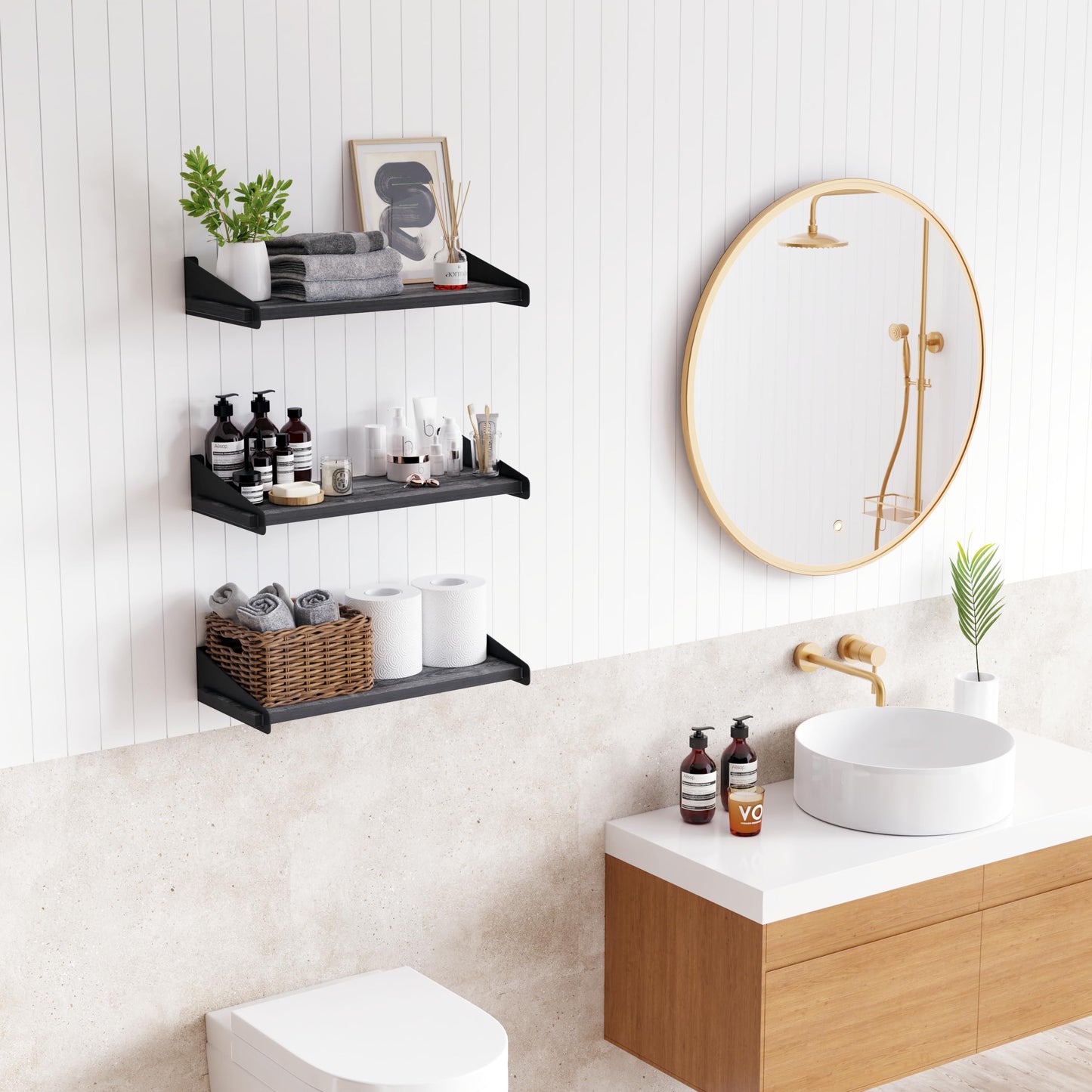 DINIAL Wall Mounted Floating Shelves for Wall Set of 3, Shelf Bookshelf for Bedroom Living Room Office Bathroom Kitchen Rustic Wood with Metal Bracket 01SH-03