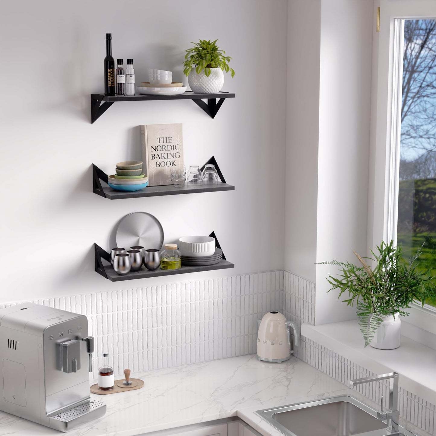 DINIAL Wall Mounted Floating Shelves for Wall Set of 6, Shelf Bookshelf for Bedroom Living Room Office Bathroom Kitchen Rustic Wood with Metal Bracket 02SH-06