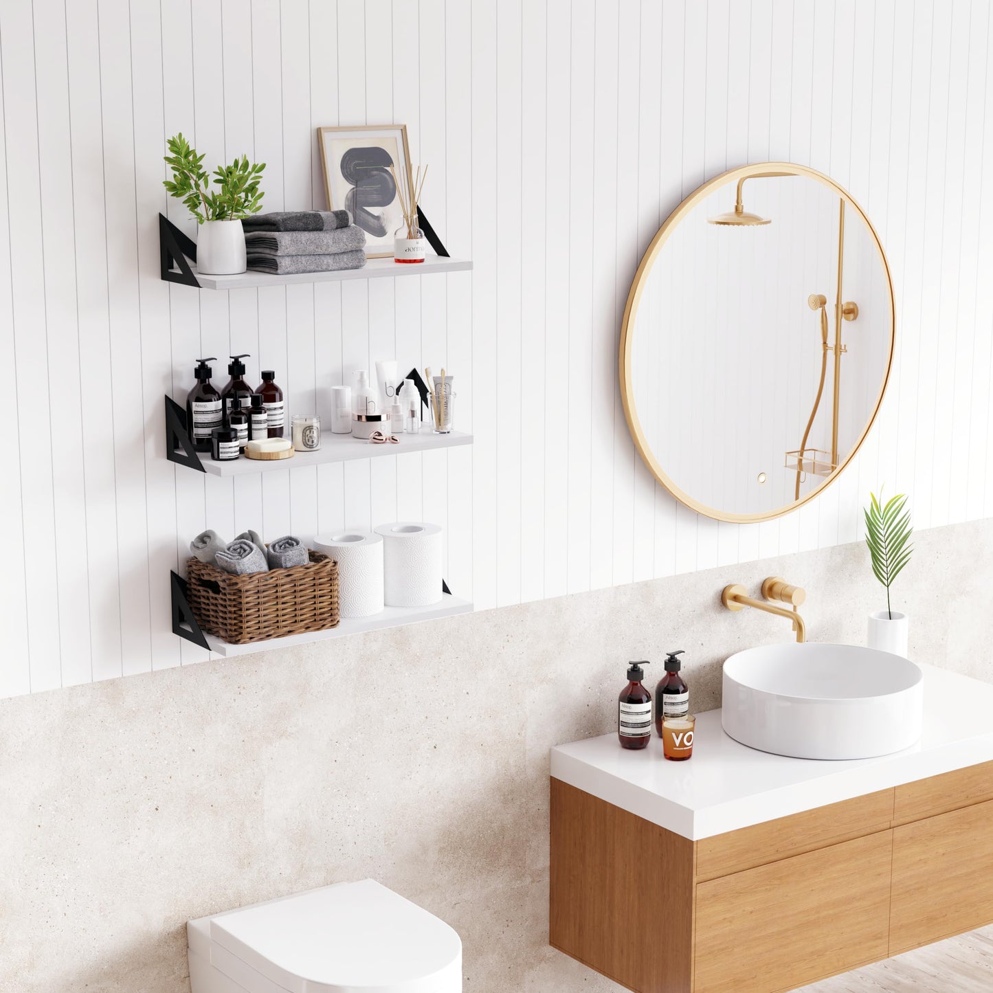 DINIAL Wall Mounted Floating Shelves for Wall Set of 3, Shelf Bookshelf for Bedroom Living Room Office Bathroom Kitchen Rustic Wood with Metal Bracket 02H-03