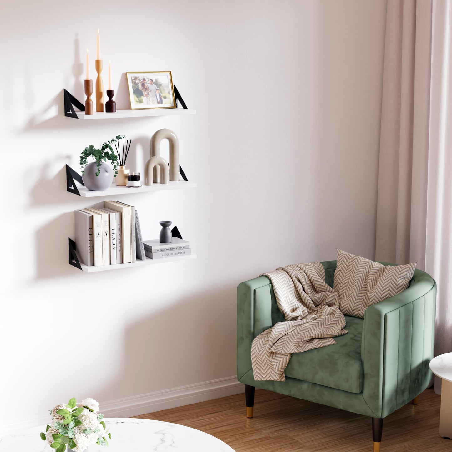 DINIAL Wall Mounted Floating Shelves for Wall Set of 3, Shelf Bookshelf for Bedroom Living Room Office Bathroom Kitchen Rustic Wood with Metal Bracket 02H-03