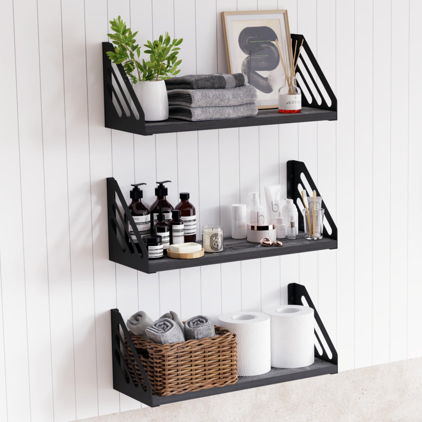 DINIAL Wall Mounted Floating Shelves for Wall Set of 3, Shelf Bookshelf for Bedroom Living Room Office Bathroom Kitchen Rustic Wood with Metal Bracket 03SH-03