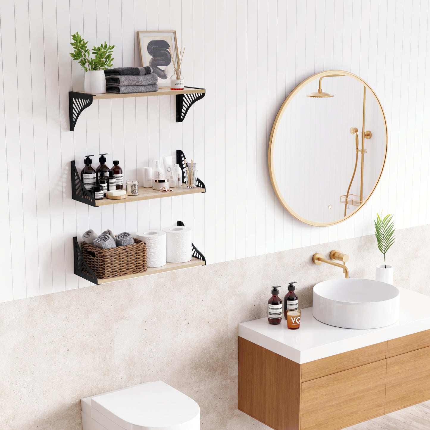 DINIAL Wall Mounted Floating Shelves for Wall Set of 3, Shelf Bookshelf for Bedroom Living Room Office Bathroom Kitchen Rustic Wood with Metal Bracket 04