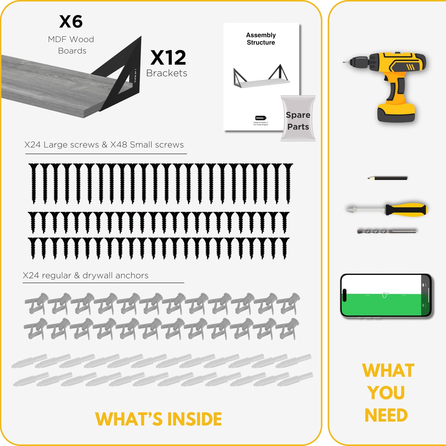 DINIAL Wall Mounted Floating Shelves for Wall Set of 6, Shelf Bookshelf for Bedroom Living Room Office Bathroom Kitchen Rustic Wood with Metal Bracket 02SH-06