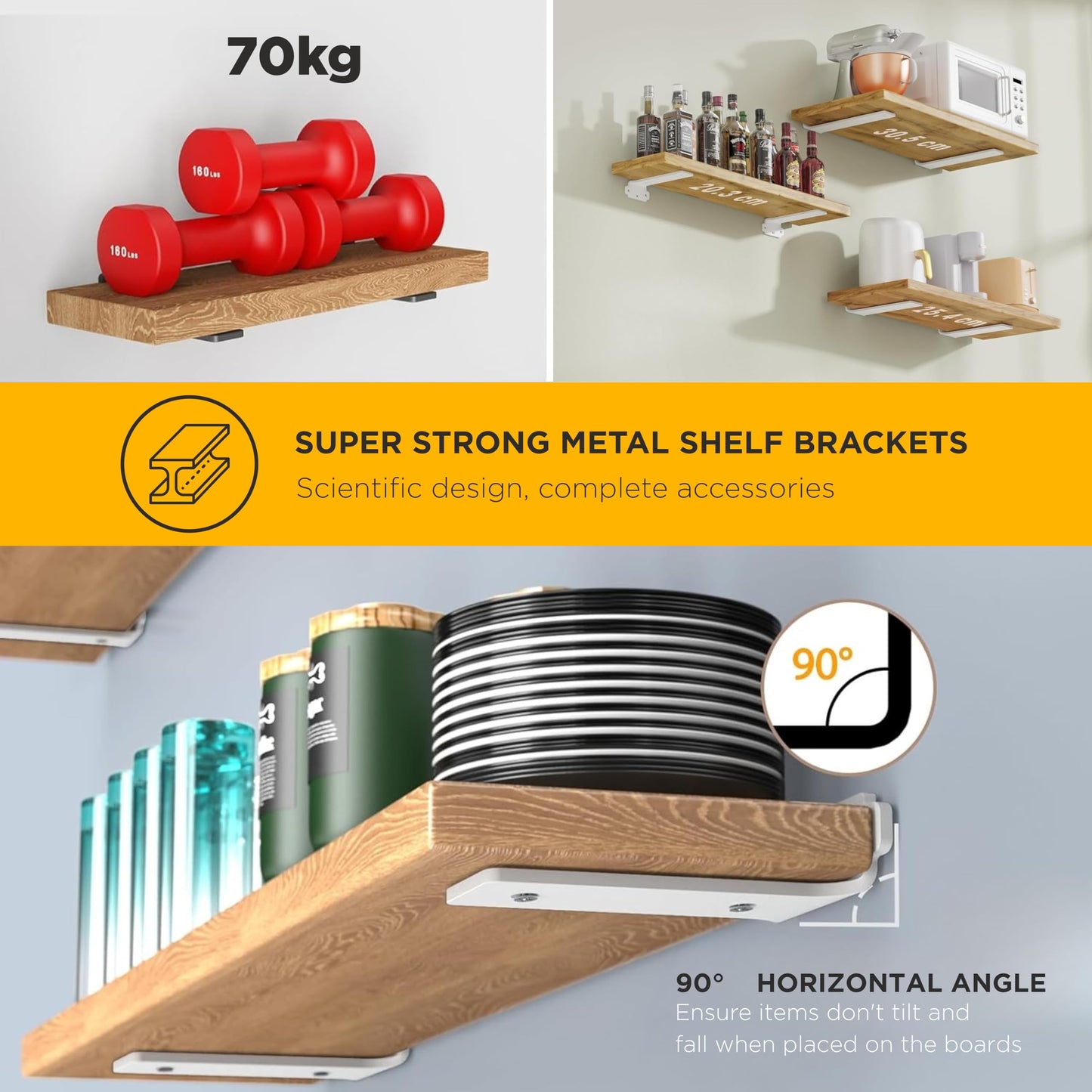 DINIAL Floating Shelf Brackets, Heavy Duty Shelf Brackets for Shelves, Color Coated 5mm Metal Wall Shelf Support Brackets, 75KG Load Capacity