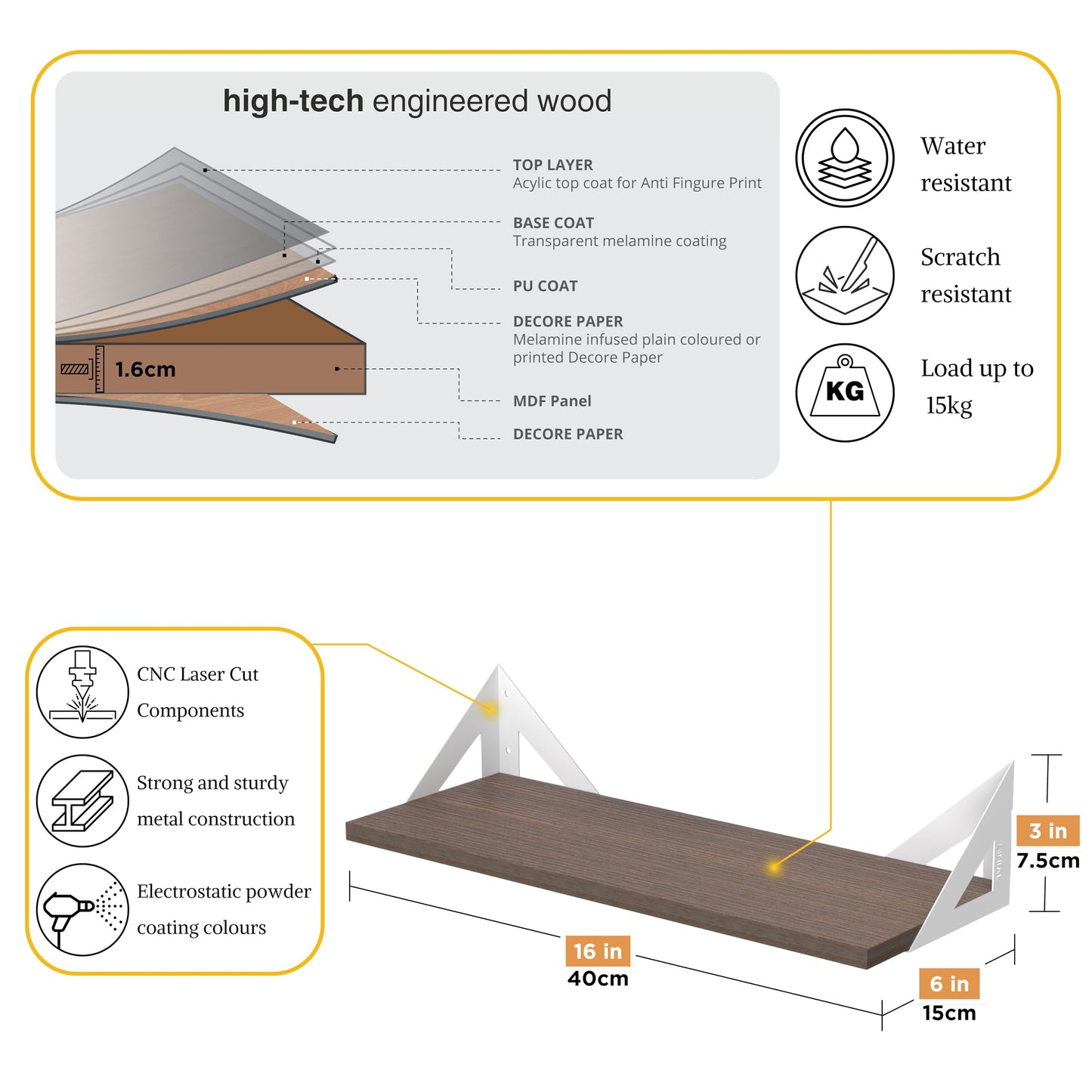DINIAL Wall Mounted Floating Shelves for Wall Set of 6, Shelf Bookshelf for Bedroom Living Room Office Bathroom Kitchen Rustic Wood with Metal Bracket 02SH-06