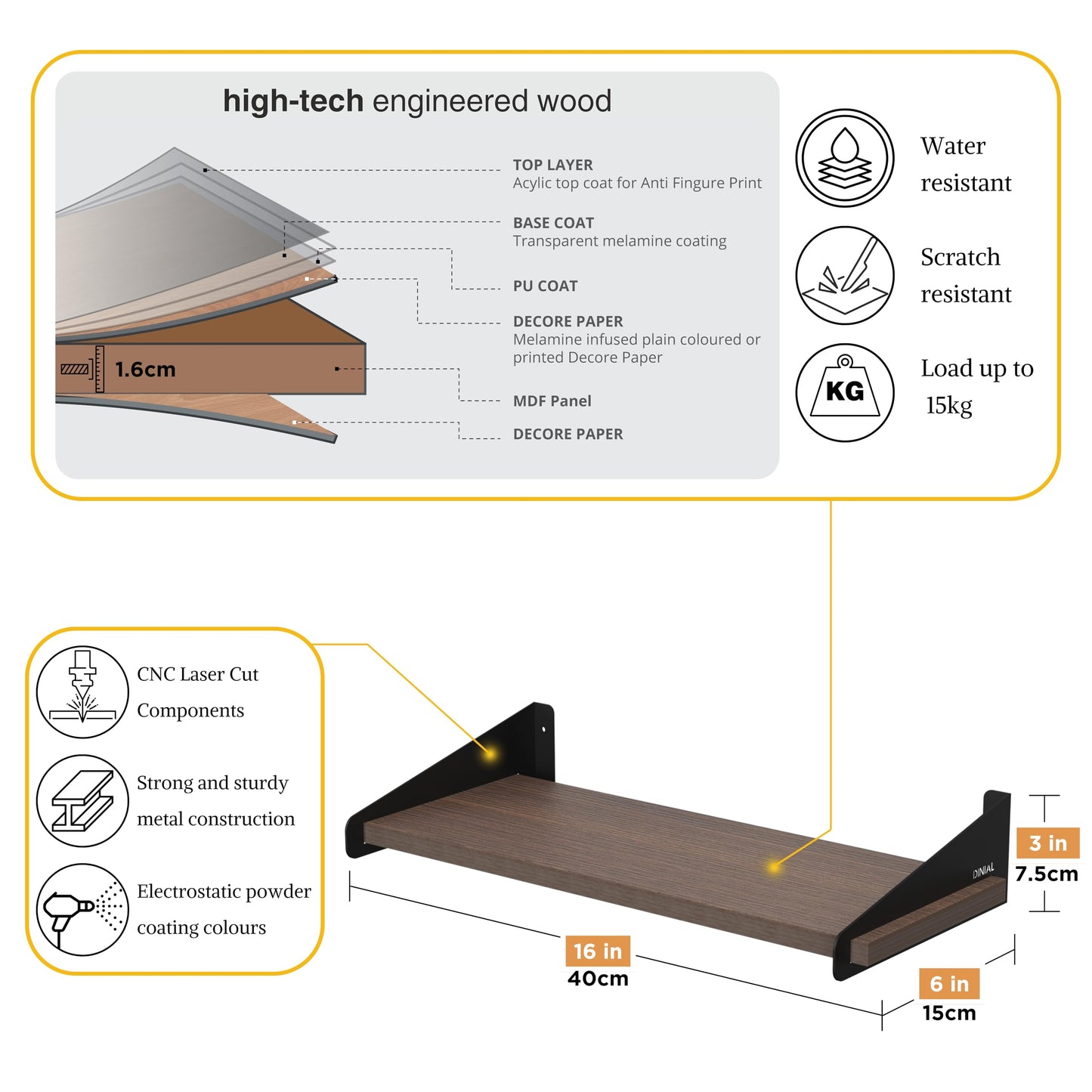 DINIAL Wall Mounted Floating Shelves for Wall Set of 3, Shelf Bookshelf for Bedroom Living Room Office Bathroom Kitchen Rustic Wood with Metal Bracket 01SH-03