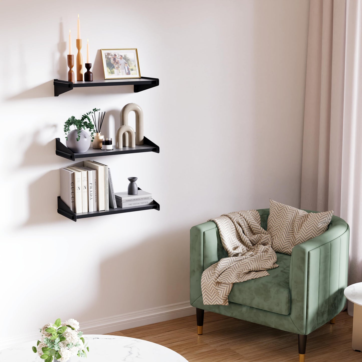 DINIAL Wall Mounted Floating Shelves for Wall Set of 3, Shelf Bookshelf for Bedroom Living Room Office Bathroom Kitchen Rustic Wood with Metal Bracket 01SH-03