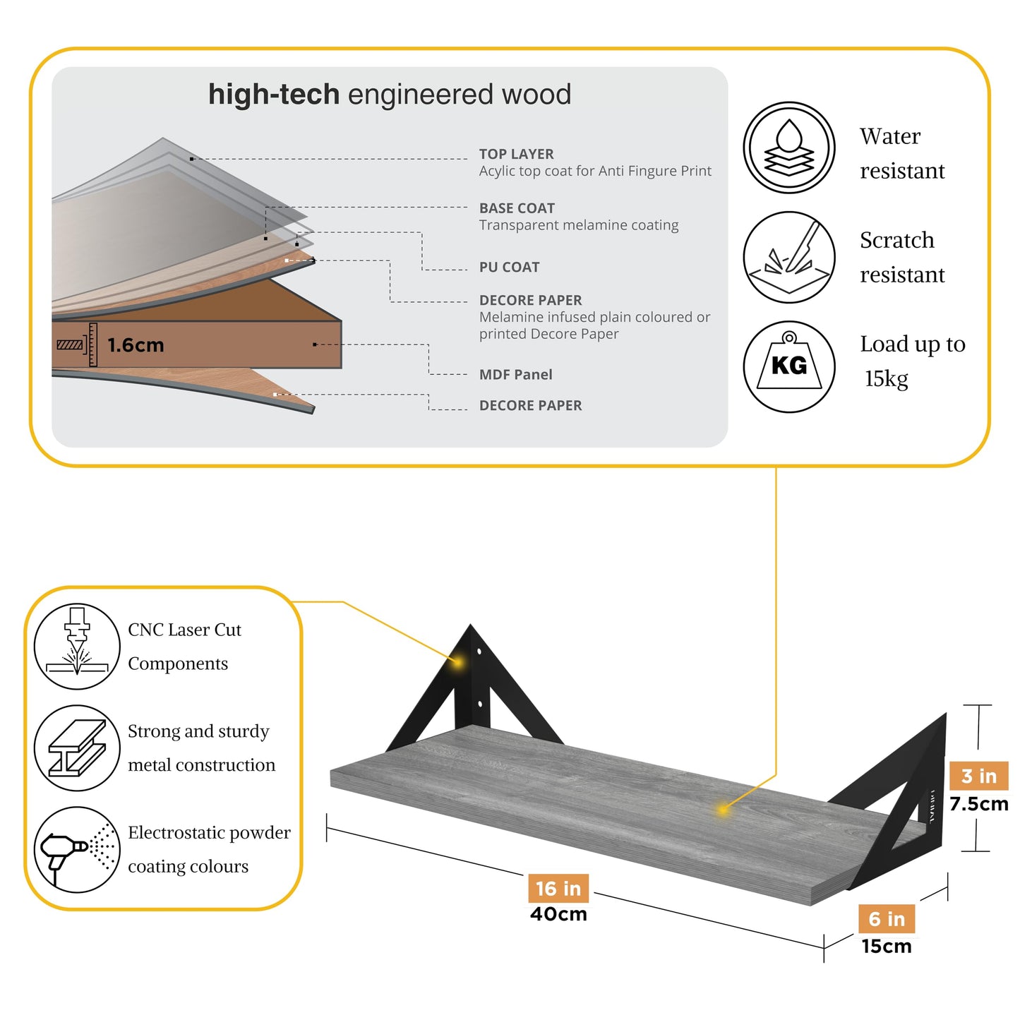 DINIAL Wall Mounted Floating Shelves for Wall Set of 6, Shelf Bookshelf for Bedroom Living Room Office Bathroom Kitchen Rustic Wood with Metal Bracket 02SH-06