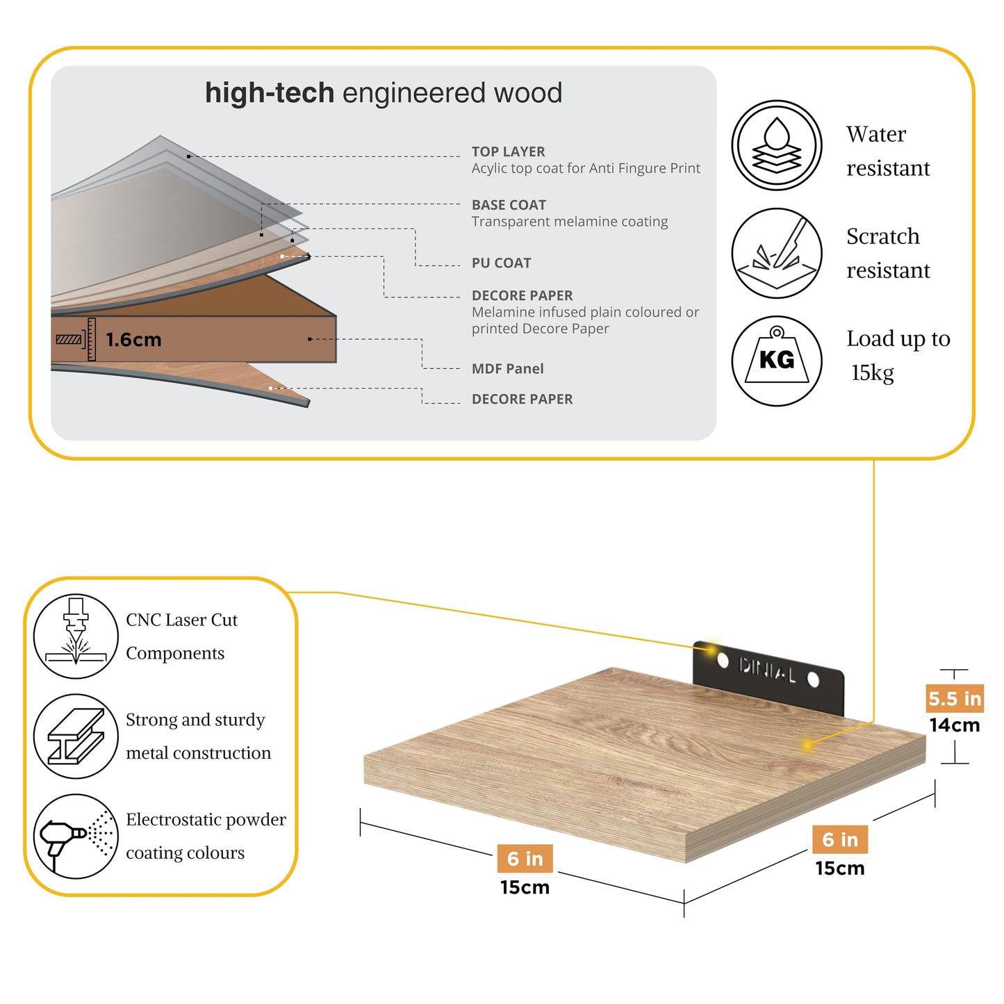 DINIAL Wall Mounted Floating Shelves for Wall Set of 5 size 15x15cm, Shelf Bookshelf for Bedroom Living Room Office Bathroom Kitchen Rustic Wood with Metal Bracket