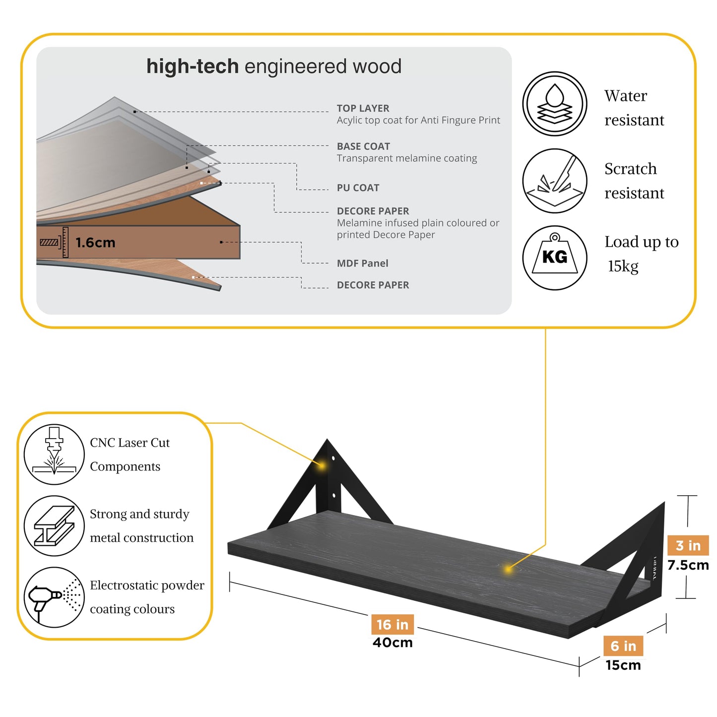 DINIAL Wall Mounted Floating Shelves for Wall Set of 6, Shelf Bookshelf for Bedroom Living Room Office Bathroom Kitchen Rustic Wood with Metal Bracket 02SH-06