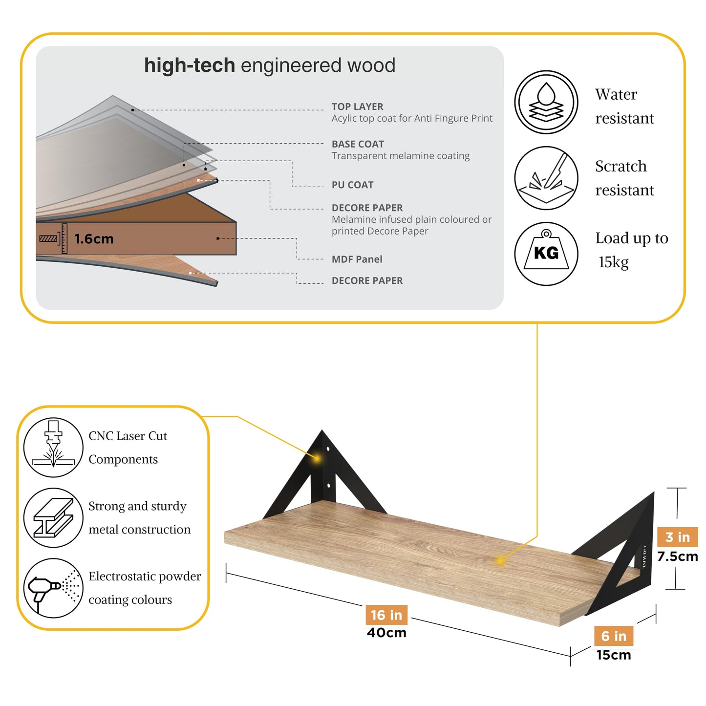 DINIAL Wall Mounted Floating Shelves for Wall Set of 3, Shelf Bookshelf for Bedroom Living Room Office Bathroom Kitchen Rustic Wood with Metal Bracket 02H-03