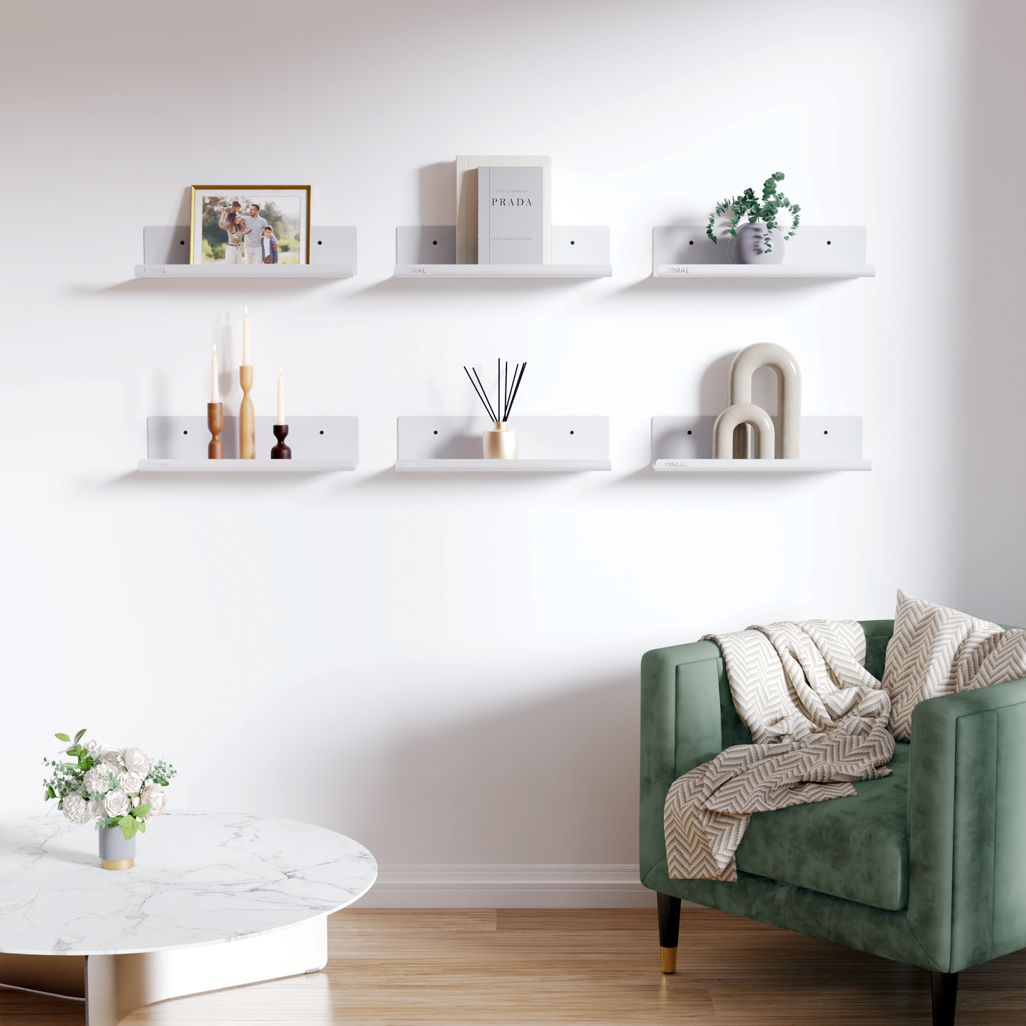 DINIAL Floating Shelves for Wall, 6 Pack Metal Shelf 32x10cm Room Decor for Bookcase/Vinyl Record Display/Photo/Picture in Bedroom, Living Room, Bathroom, Kitchen Storage and Organization