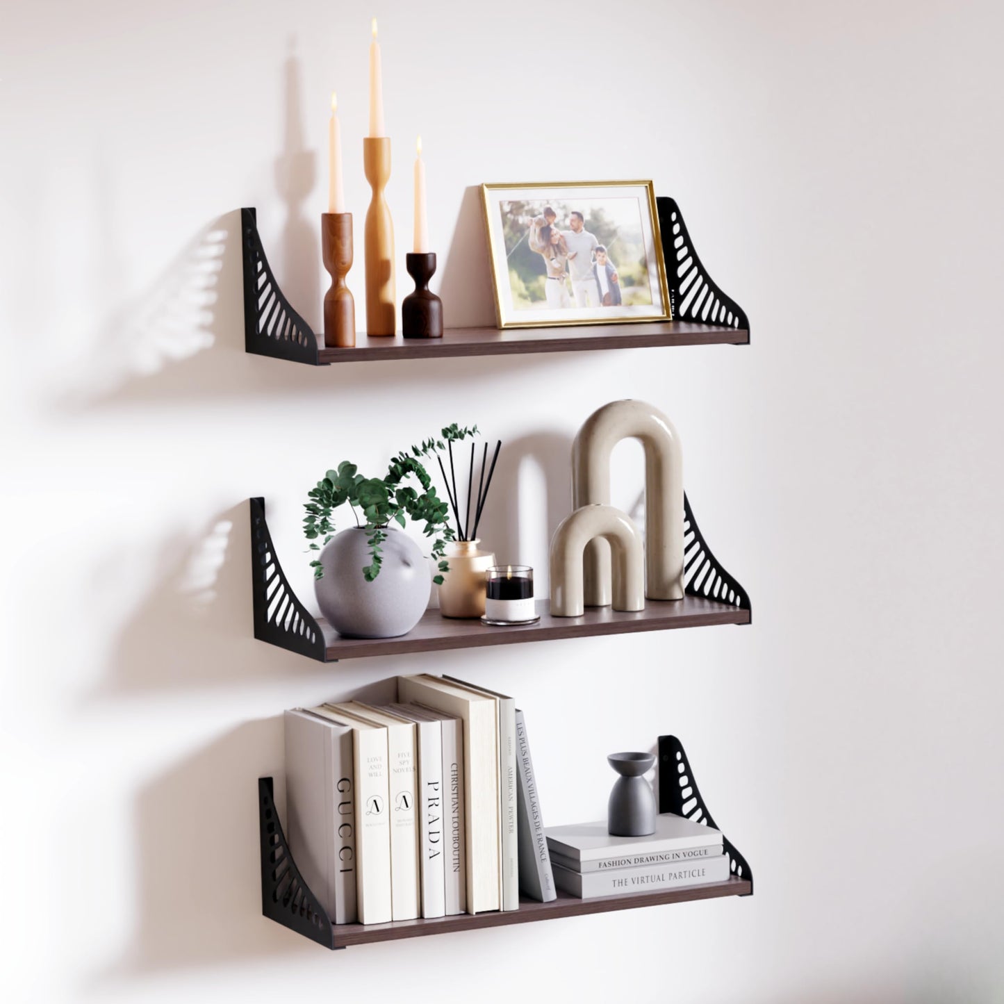 DINIAL Wall Mounted Floating Shelves for Wall Set of 3, Shelf Bookshelf for Bedroom Living Room Office Bathroom Kitchen Rustic Wood with Metal Bracket 04