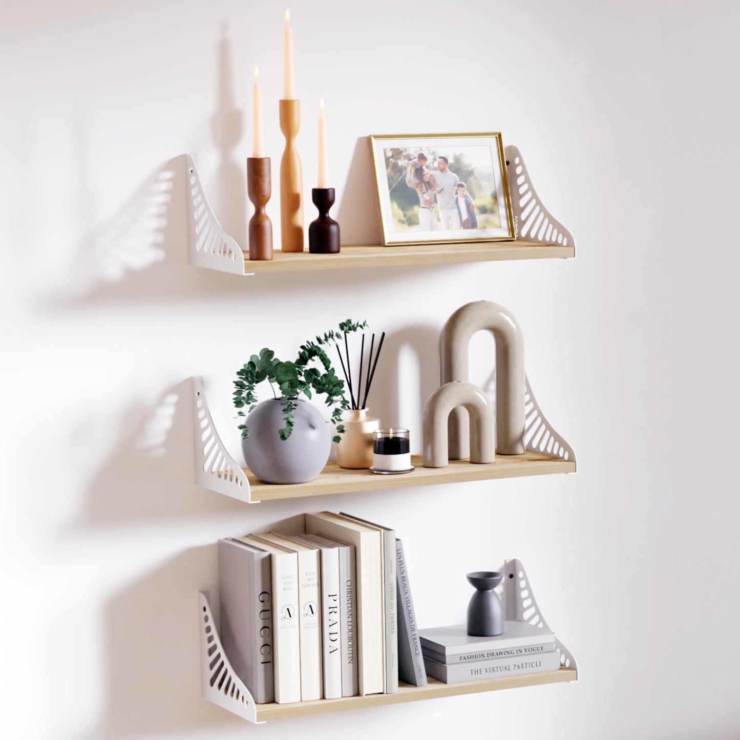 DINIAL Wall Mounted Floating Shelves for Wall Set of 3, Shelf Bookshelf for Bedroom Living Room Office Bathroom Kitchen Rustic Wood with Metal Bracket 04