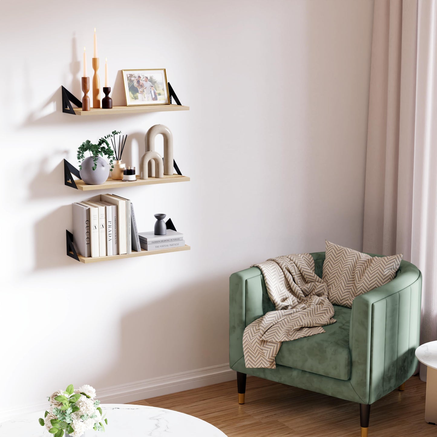 DINIAL Wall Mounted Floating Shelves for Wall Set of 3, Shelf Bookshelf for Bedroom Living Room Office Bathroom Kitchen Rustic Wood with Metal Bracket 02H-03