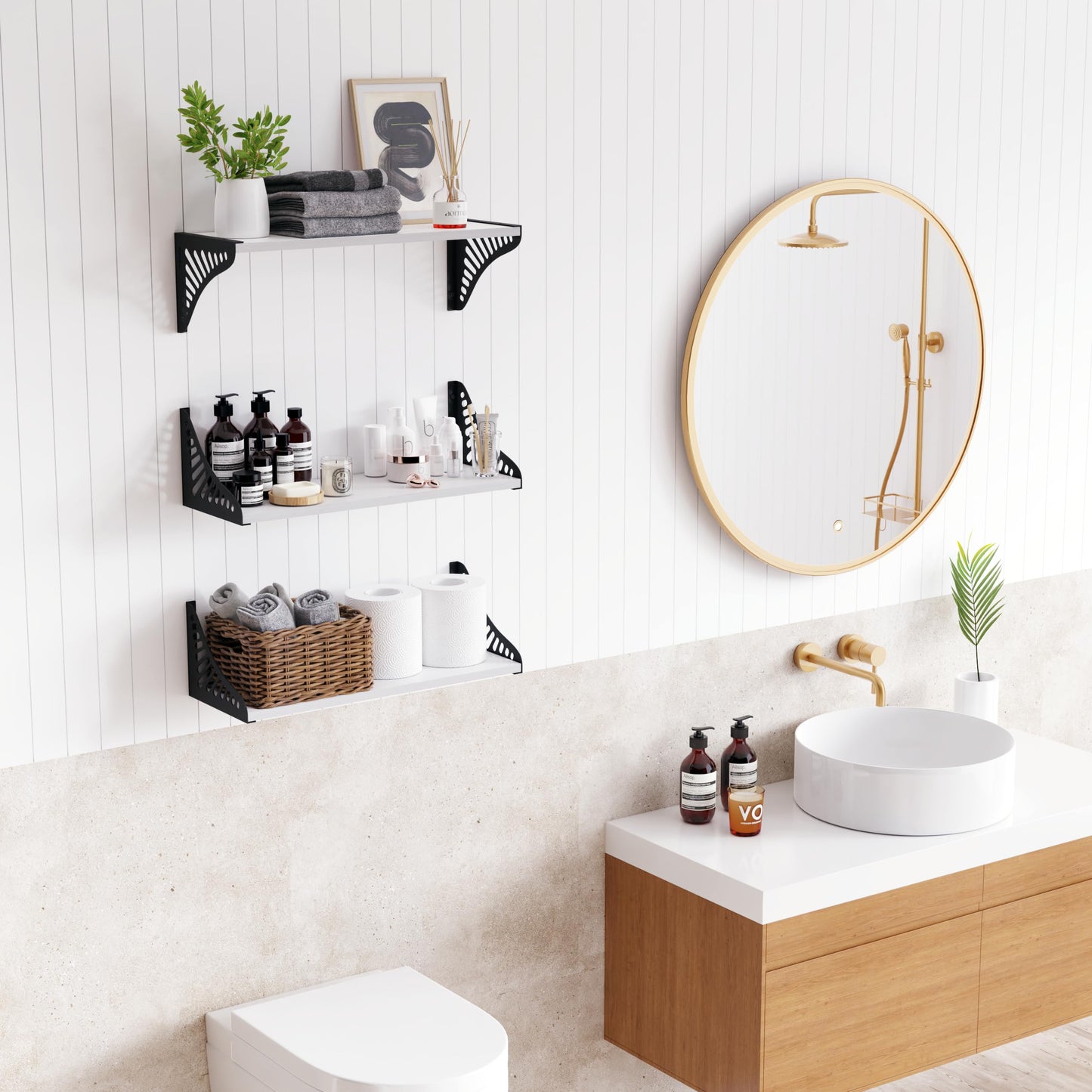 DINIAL Wall Mounted Floating Shelves for Wall Set of 3, Shelf Bookshelf for Bedroom Living Room Office Bathroom Kitchen Rustic Wood with Metal Bracket 04