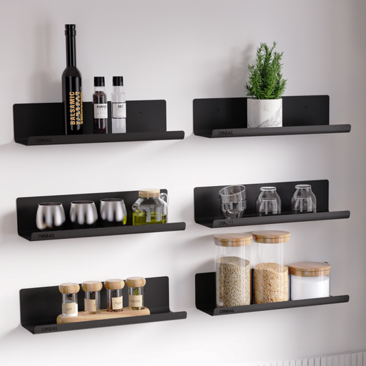 DINIAL Floating Shelves for Wall, 6 Pack Metal Shelf 32x10cm Room Decor for Bookcase/Vinyl Record Display/Photo/Picture in Bedroom, Living Room, Bathroom, Kitchen Storage and Organization